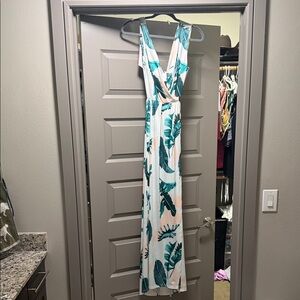 Amazon White Maxi Dress with Teal Green Leaf Print